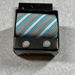KGEAR Silk Tie Set Teal Orange Stripe w Cufflinks Pocket Square Gift Box Y2K